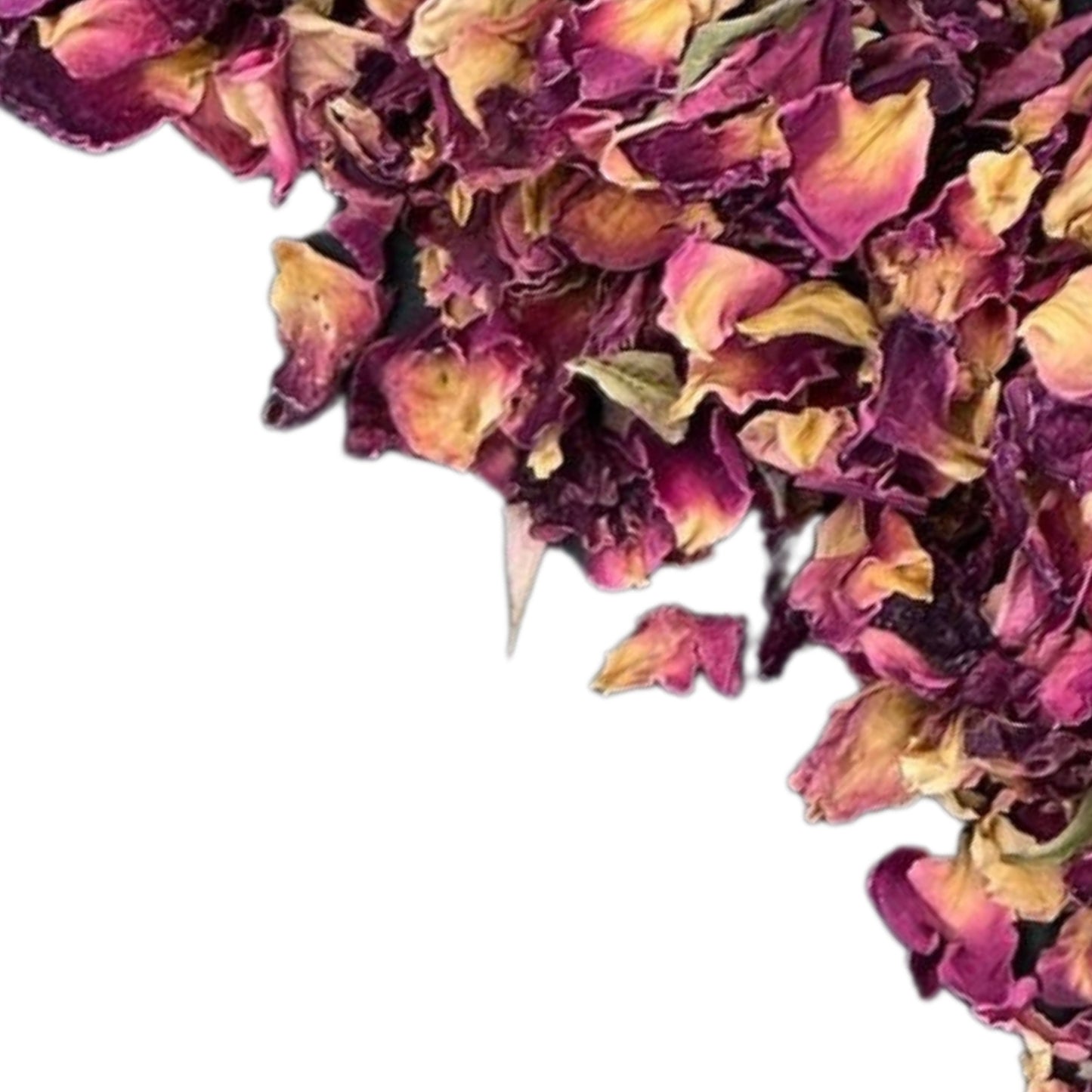 Close-up of organic red rose petals (Rosa centifolia) from Pakistan, dried and loose for tea, crafts, and aromatherapy use.