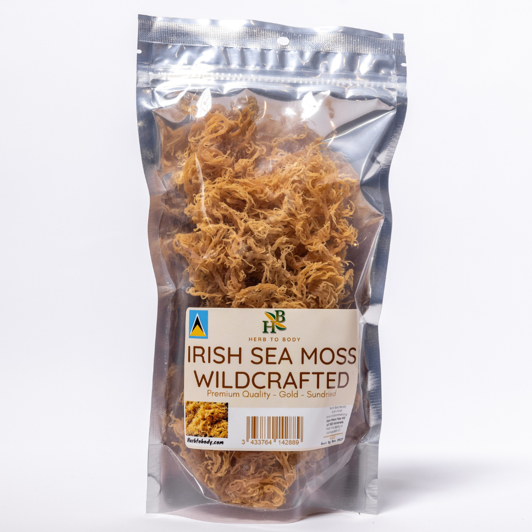 Gold Irish Sea Moss from St Lucia in clear packaging, premium wellness superfood.