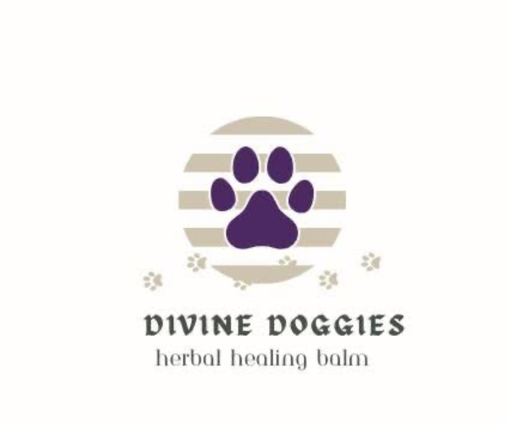 Divine Doggies Herbal Healing Balm in a jar, made with natural ingredients to soothe and heal sensitive dog skin, ideal for allergies and irritations