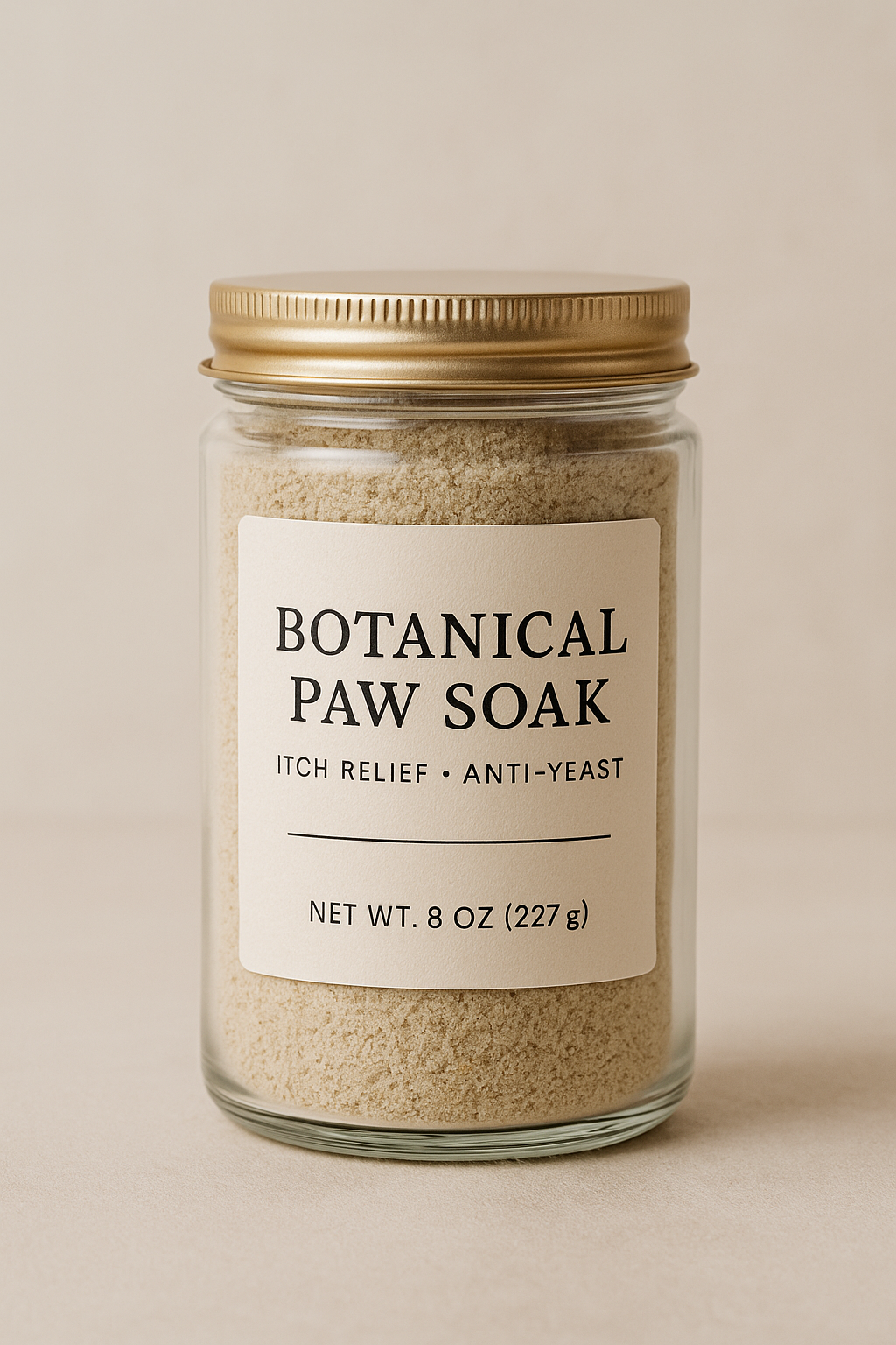 Botanical Paw Soak in a glass jar for soothing and cleansing dog paws.