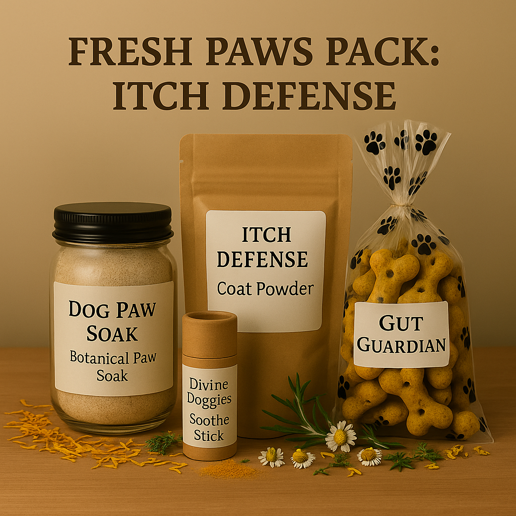 Fresh Paws Itchy Dog Skin Care Kit featuring Botanical Paw Soak, Itch Defense Coat Powder, Divine Doggies Soothe Stick, and Gut Guardian Treats.