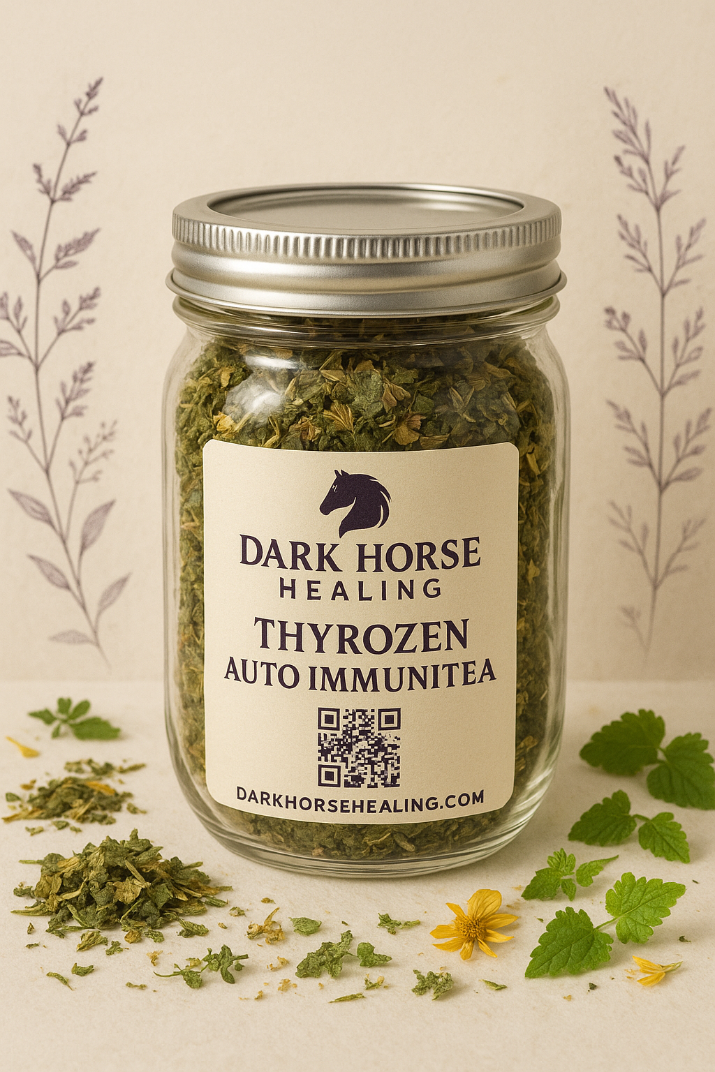 Jar of ThyroZen herbal tea blend by Dark Horse Healing promoting thyroid harmony with natural ingredients.