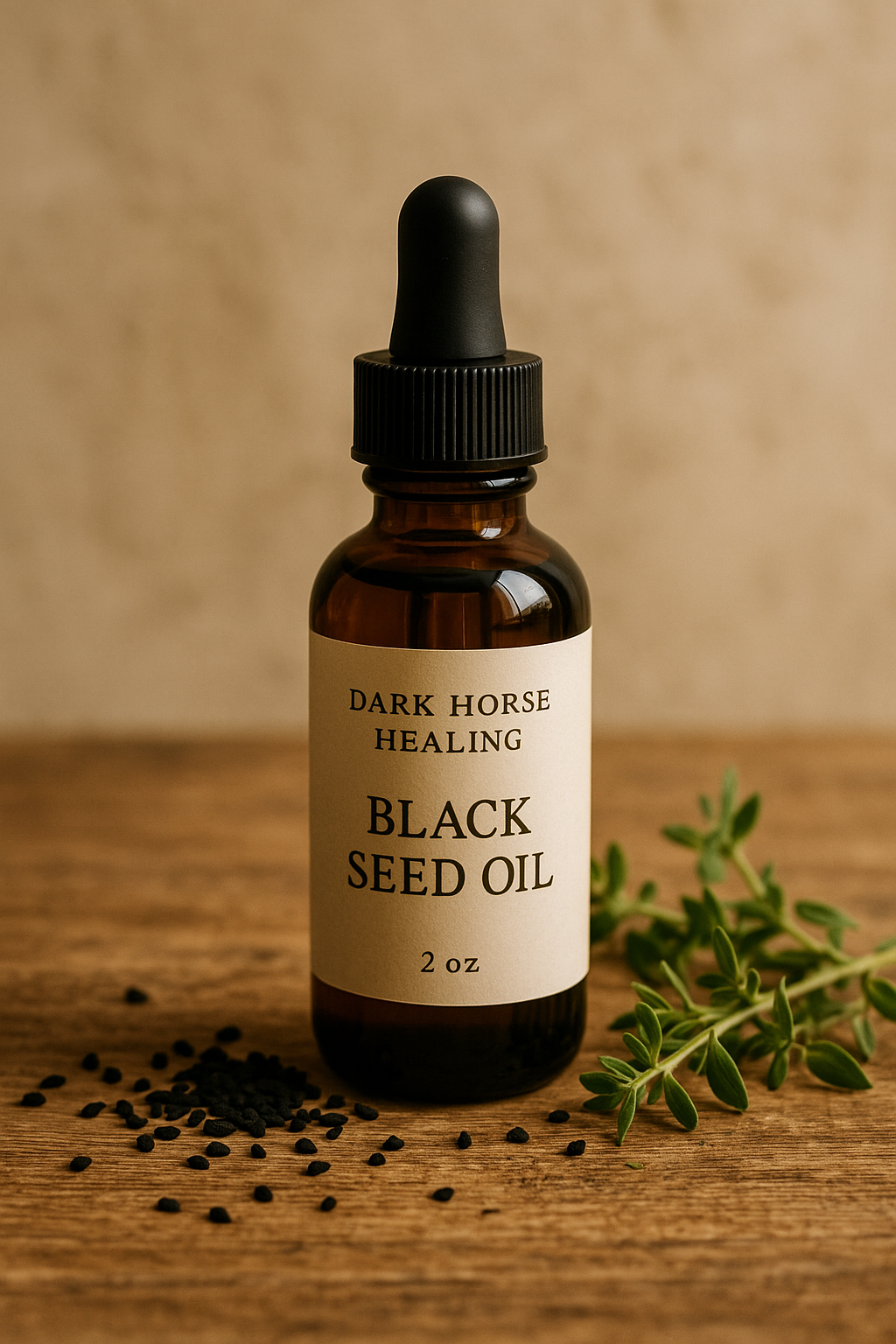 Black Seed Oil in 2oz amber dropper bottle by Dark Horse Healing, surrounded by Nigella sativa seeds and herbs.