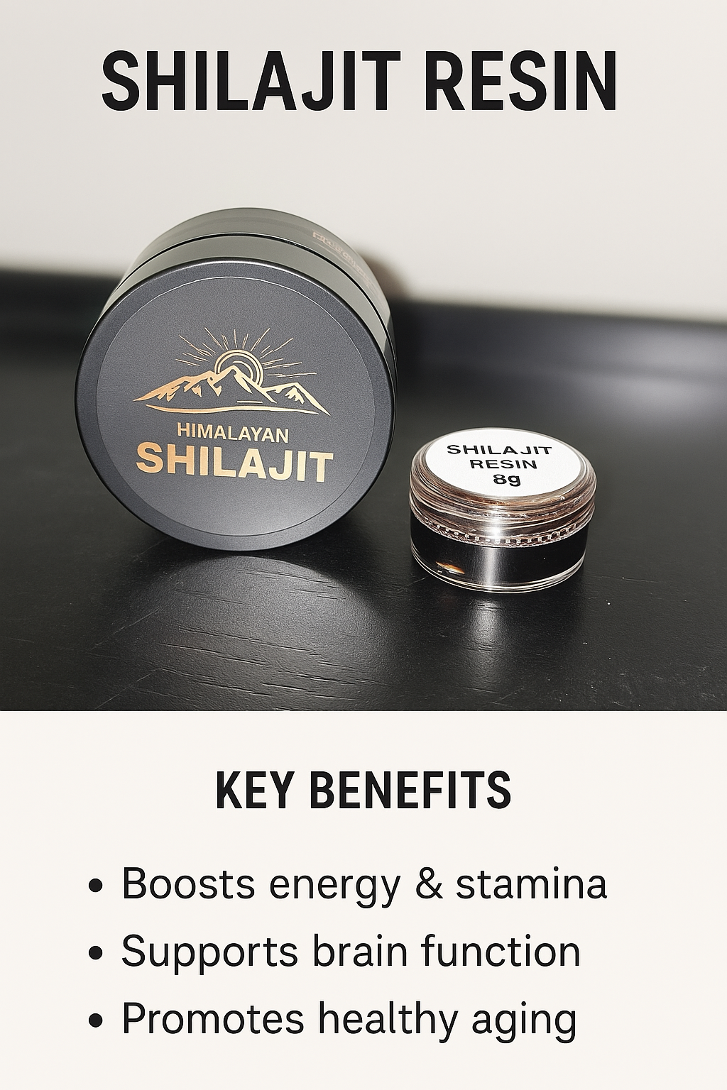 Premium Himalayan Shilajit Resin packaging and container showcasing key benefits like energy boost and brain support.