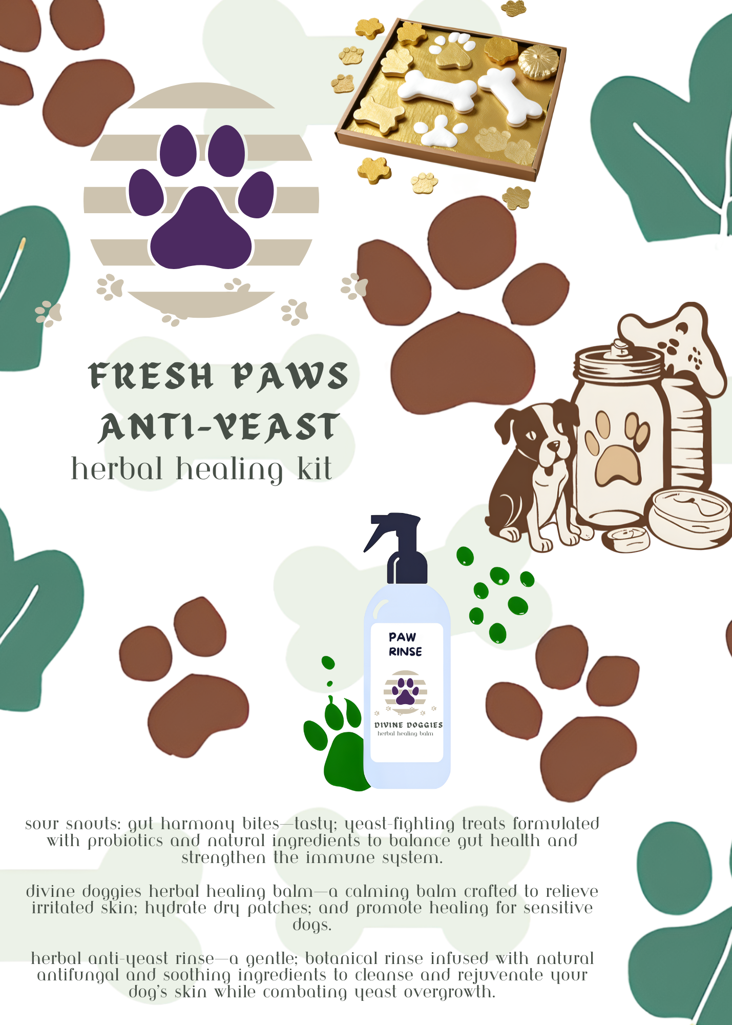 Natural ingredients in Sour Snouts: Gut Harmony Bites, yeast-free treats promoting gut healing..