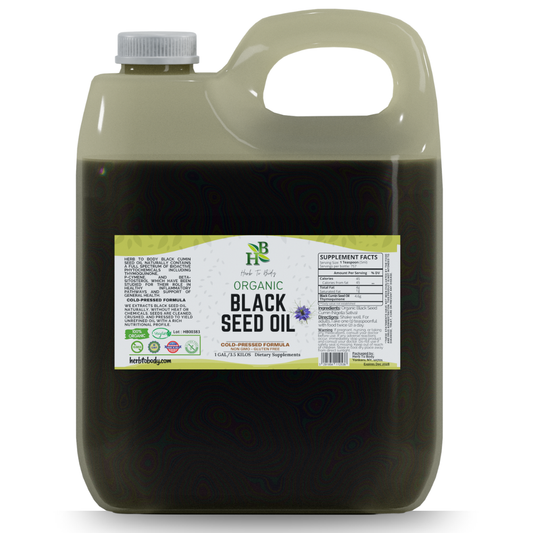 Organic Black Seed Oil 1 Gallon container, cold-pressed, non-GMO, gluten-free, bottled in the USA.