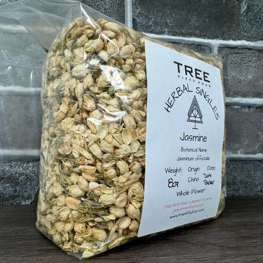 Jasmine dried flower tisane, 100% organic, caffeine-free, suitable for tea and infusions, 2oz, 4oz, 8oz package.
