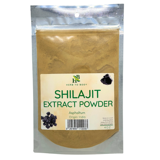 Shilajit Powder 4oz bag from Herb To Body, sourced from Himalayan mountains.