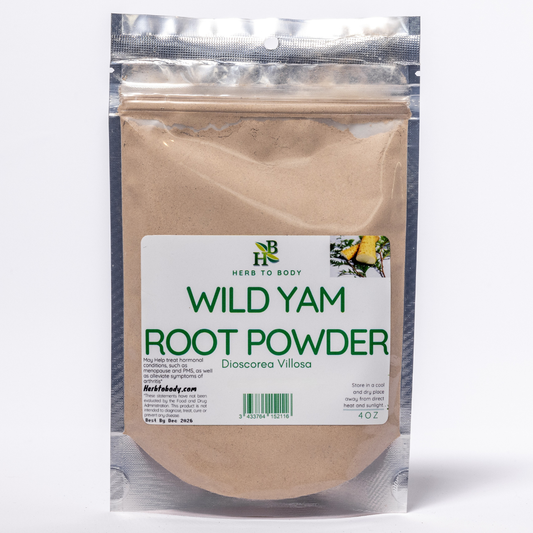 Wild Yam Root Powder in a 4oz resealable bag by Herb To Body, ideal for culinary and herbal use.
