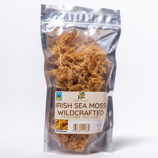 Gold Irish Sea Moss from St Lucia in clear packaging, premium wellness superfood.