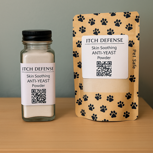 Itch Defense Powder for dogs, skin soothing anti-yeast formula, Dark Horse Healing.