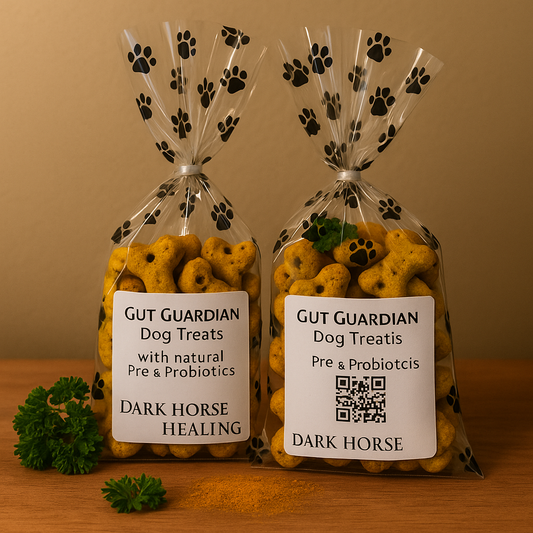 GUT GUARDIAN Sour Snouts natural probiotic dog treats in paw print bags.