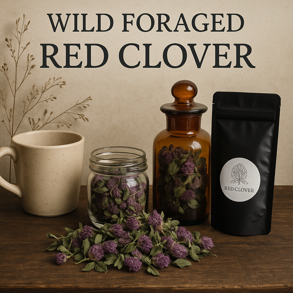 Wild foraged red clover blossoms in resealable pouch with eco-conscious packaging.