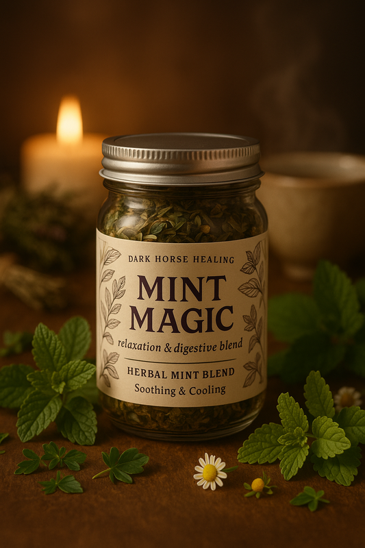 Herbal tea jar labeled "Mint Magic - relaxation & digestive blend" with mint leaves, promoting digestive support.