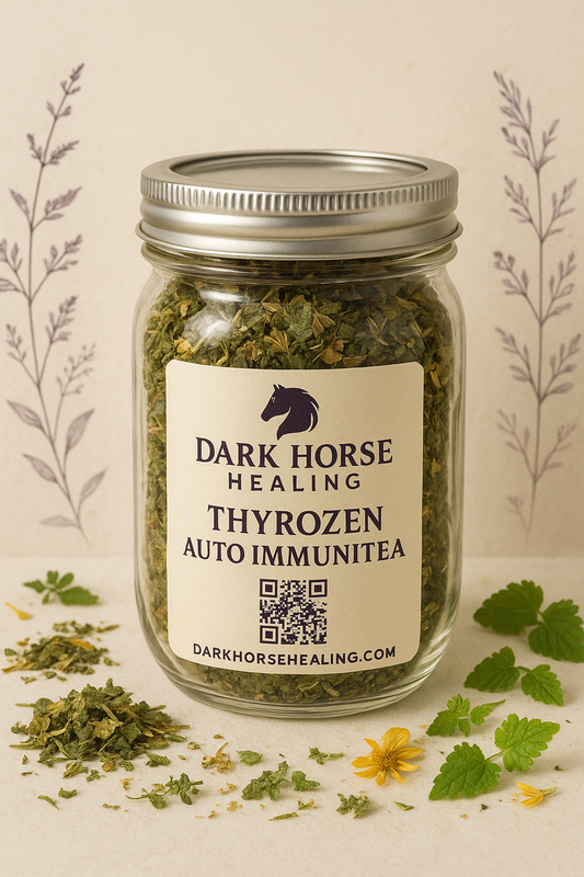 Jar of ThyroZen herbal tea blend by Dark Horse Healing promoting thyroid harmony with natural ingredients.