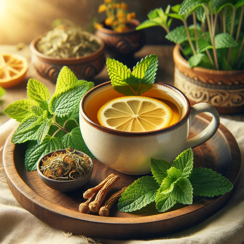 Herbal tea with lemon balm, spearmint, and licorice root for thyroid harmony.