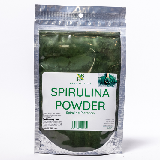 Spirulina Powder resealable bag by Herb To Body featuring nutrient-rich blue-green algae.