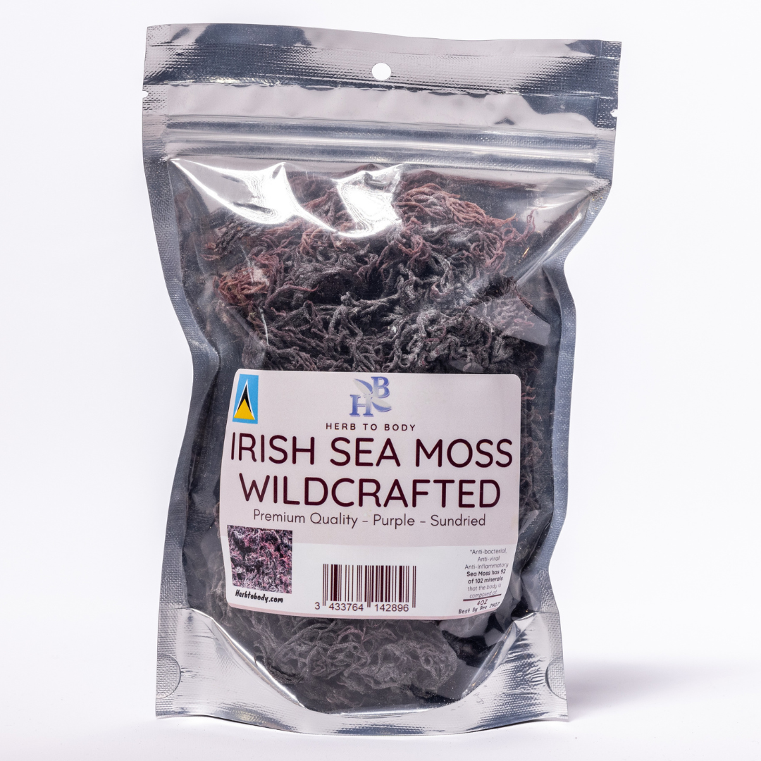 Purple Irish Sea Moss in a clear resealable bag, labeled as wildcrafted and premium quality, ideal for wellness routines.