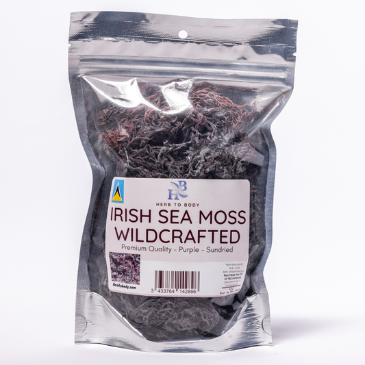 Purple Irish Sea Moss in a clear resealable bag, labeled as wildcrafted and premium quality, ideal for wellness routines.