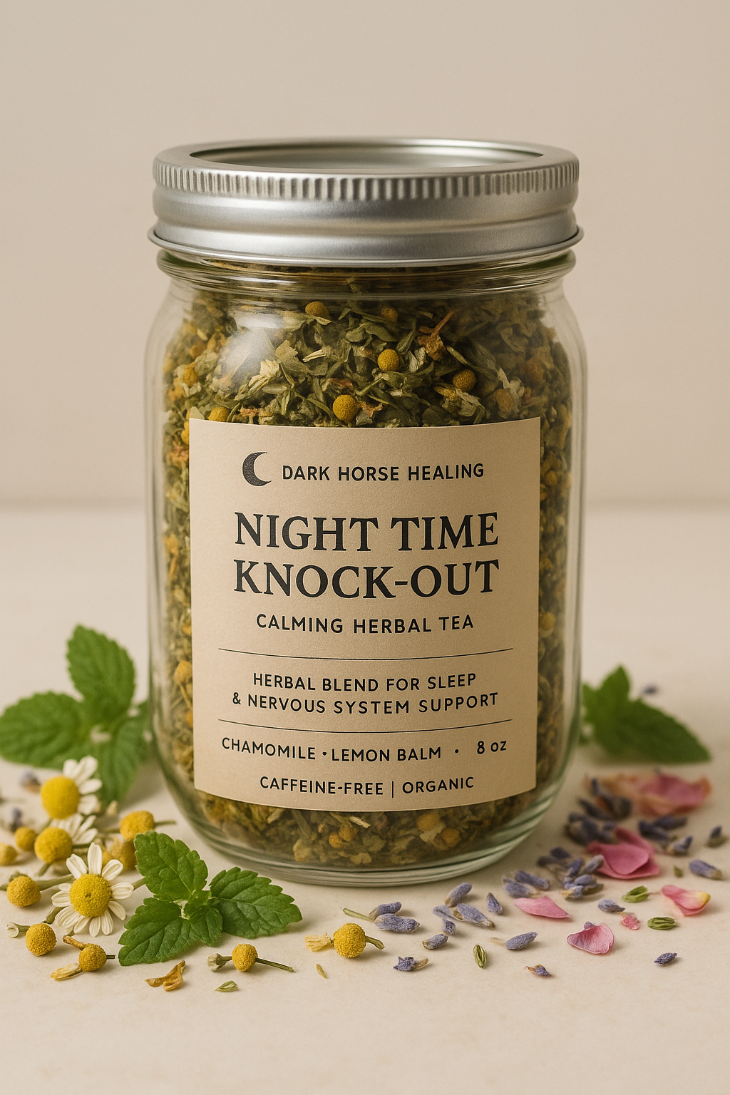Calming Night Time Knock-Out herbal tea blend in glass jar with chamomile and lemon balm.