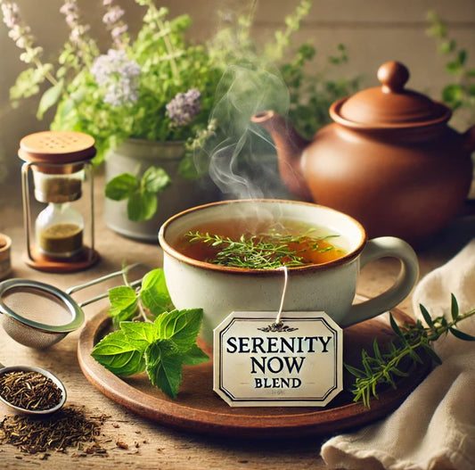 Serenity Now Anxiety Relief Blend herbal tea with herbs and teapot in tranquil setting.